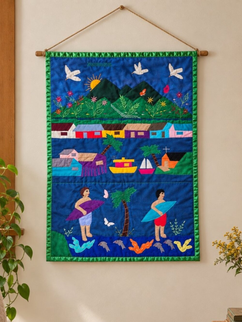 Stunning Honduran Folk Art Applique Tapestry 38" x 27.5" Honduras Wall Art Hangi